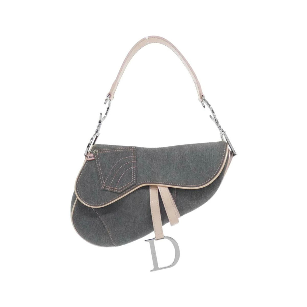 Christian Dior Denim Jean Pocket Saddle Bag Gray denim pink leather